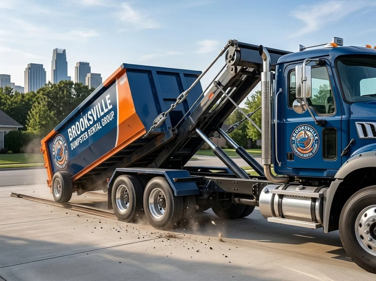 Chad Whitfield and the Brooksville Dumpster Rental Group team beside a company truck and dumpster in Brooksville, FL