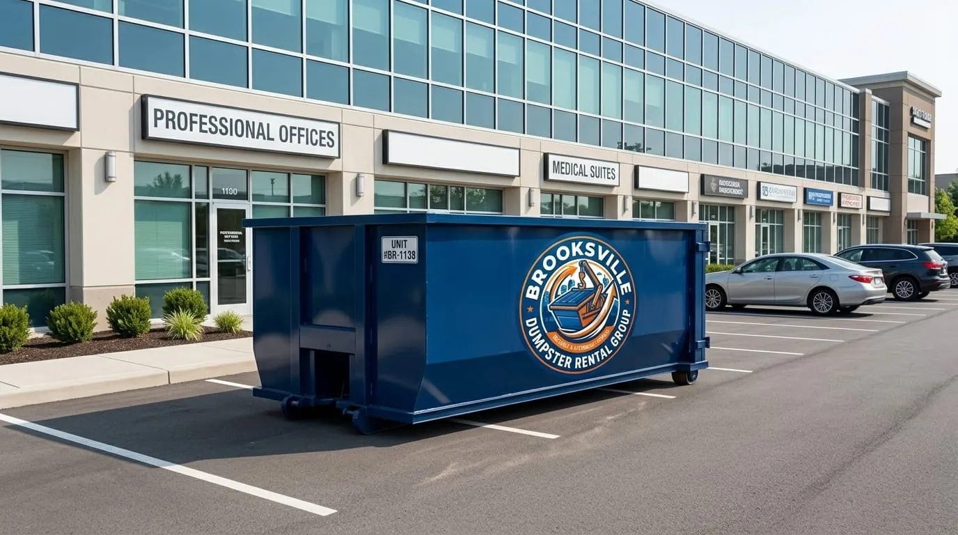 Commercial dumpster rental in Brooksville, FL Commercial roll-off dumpster in a Brooksville FL business parking lot