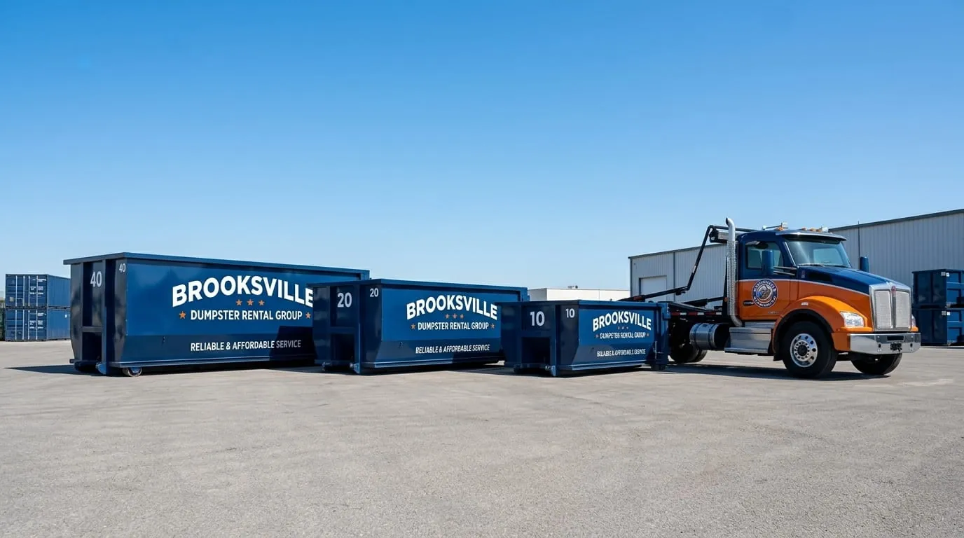 Roll-off construction dumpster being loaded onto a Brooksville Dumpster Rental Group truck
